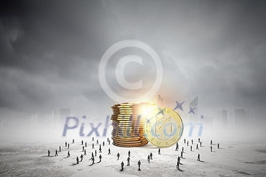 Business people and macro stack of euro coins Business people and macro stack of euro coins