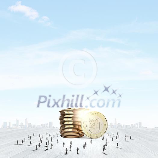 Business people and macro stack of euro coins Business people and macro stack of euro coins