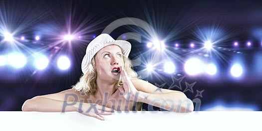 Nude girl standing behind white blank banner. Place for text Nude girl standing behind white blank banner. Place for text