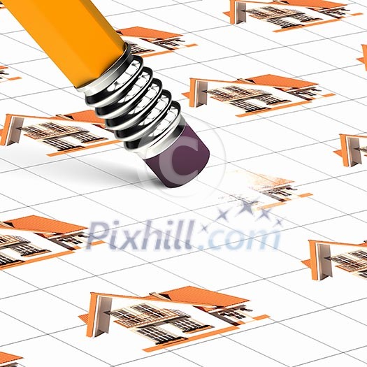 Image of pencil erasing drawing of house Image of pencil erasing drawing of house