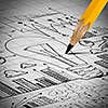 Close up image of pencil sketch with business ideas and strategy