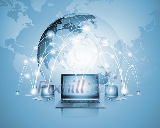 Image of laptop with globe illustration at background Image of laptop with globe illustration at background