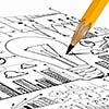 Close up image of pencil sketch with business ideas and strategy