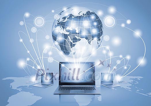 Image of laptop with globe illustration at background Image of laptop with globe illustration at background