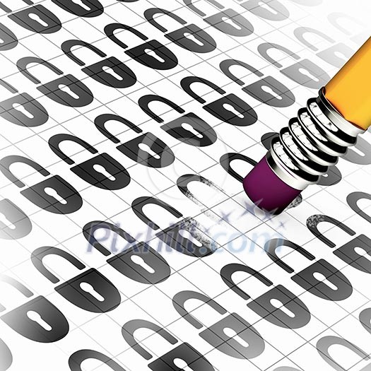 Pencil with rubber erasing illustration of lock Pencil with rubber erasing illustration of lock
