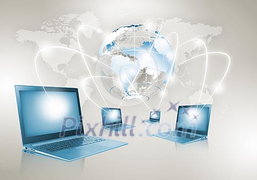 Image of laptop with globe illustration at background Image of laptop with globe illustration at background