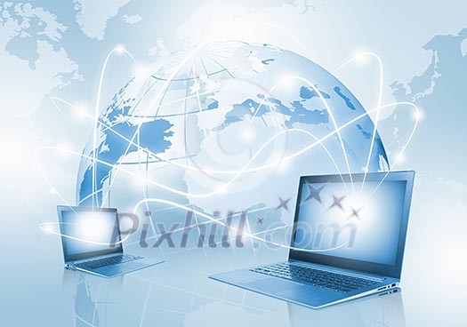 Image of laptop with globe illustration at background Image of laptop with globe illustration at background