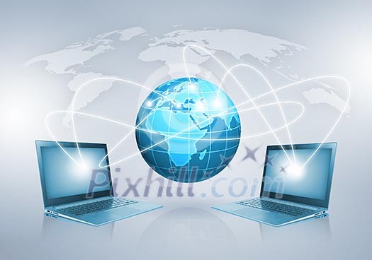 Image of laptop with globe illustration at background Image of laptop with globe illustration at background