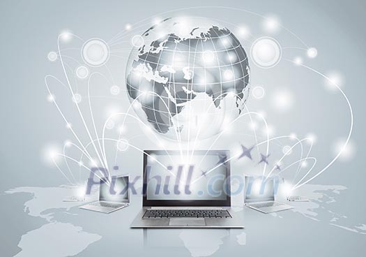 Image of laptop with globe illustration at background Image of laptop with globe illustration at background