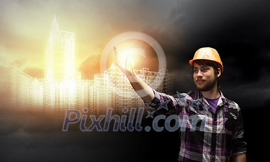 Image of man builder drawing project sketch Image of man builder drawing project sketch