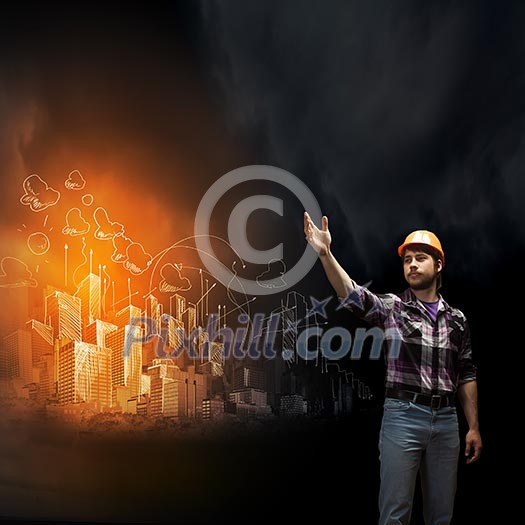 Image of man builder drawing project sketch Image of man builder drawing project sketch