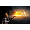 Image of man builder touching icon of media screen