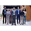 young multi ethnic business people group walking standing and top view