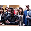 young multi ethnic business people group walking standing and top view