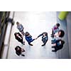 young multi ethnic business people group walking standing and top view