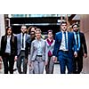 young multi ethnic business people group walking standing and top view