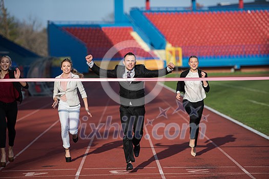 business people running together on racing track business people running together on racing track