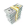 Creative business finance making money concept - stack of new new 100 US dollars 2013 edition banknotes bills bundles isolated on white background money stack on white