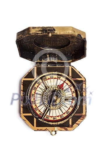 Old vintage retro compass isolated. Top view Old vintage retro compass isolated. Top view