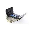 Black wallet with dollars isolated on white background
