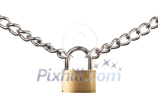 Security concept - padlock on chain isolated on white background Security concept - padlock on chain isolated on white background