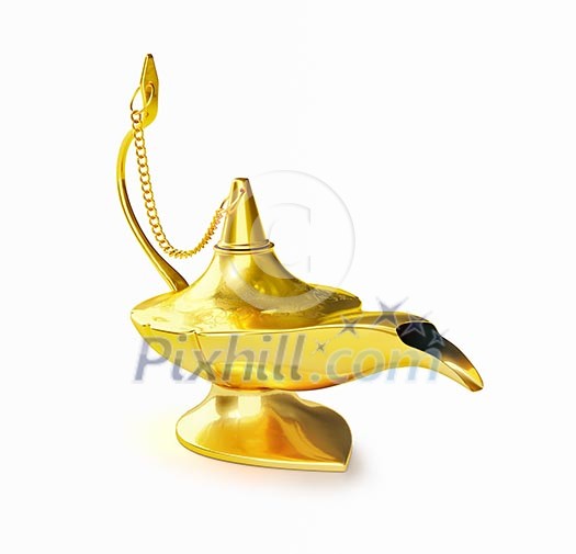 Golden Aladdin magic genie lamp isolated on white Golden Aladdin magic genie lamp isolated on white