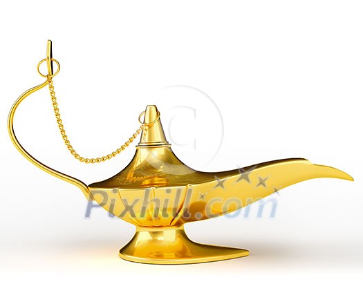 Golden Aladdin magic genie lamp isolated on white Golden Aladdin magic genie lamp isolated on white