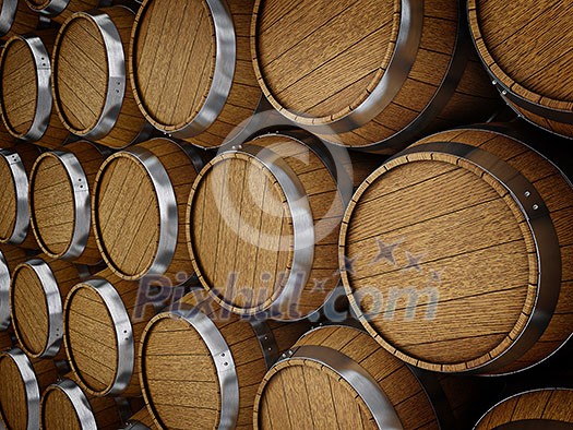 Wooden oak brandy wine beer barrels rows close up Wooden oak brandy wine beer barrels rows close up