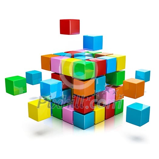 Business teamwork internet communication concept - colorful color cubes assembling into cubic structure isolated on white with reflection Business teamwork internet communication concept - colorful color cubes assembling into cubic structure isolated on white with reflection