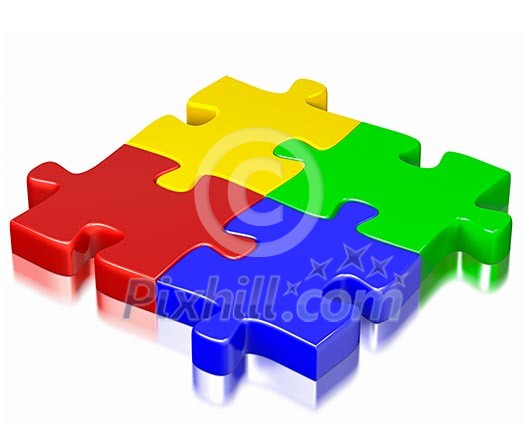 Business, teamwork, partnership, communication cooperation corporate concept: color red, blue, green and yellow puzzle jigsaw pieces isolated on white background Business, teamwork, partnership, communication cooperation corporate concept: color red, blue, green and yellow puzzle jigsaw pieces isolated on white background