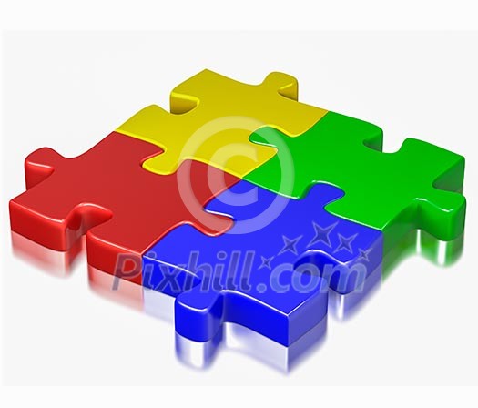 Business, teamwork, partnership, communication cooperation corporate concept: color red, blue, green and yellow puzzle jigsaw pieces isolated on white background Business, teamwork, partnership, communication cooperation corporate concept: color red, blue, green and yellow puzzle jigsaw pieces isolated on white background