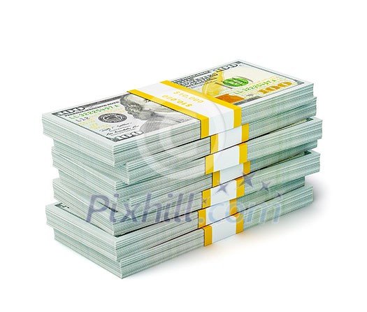 Creative business finance making money concept - stack of new new 100 US dollars 2013 edition banknotes bills bundles isolated on white background money stack on white Creative business finance making money concept - stack of new new 100 US dollars 2013 edition banknotes bills bundles isolated on white background money stack on white