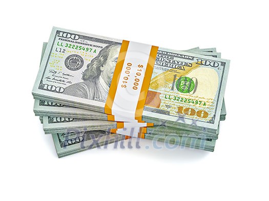 Creative business finance making money concept - stack of new 100 US dollars 2013 edition banknotes bills bundles isolated on white background money stack on white Creative business finance making money concept - stack of new 100 US dollars 2013 edition banknotes bills bundles isolated on white background money stack on white