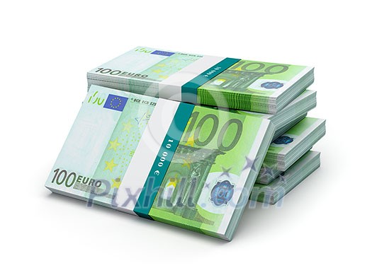 Creative business finance making money concept - stack of 100 euro banknotes bills bundles isolated on white background Creative business finance making money concept - stack of 100 euro banknotes bills bundles isolated on white background