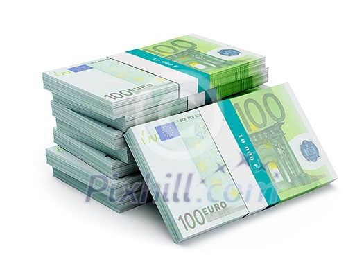 Creative business finance making money concept - stack of 100 euro banknotes bills bundles isolated on white background Creative business finance making money concept - stack of 100 euro banknotes bills bundles isolated on white background