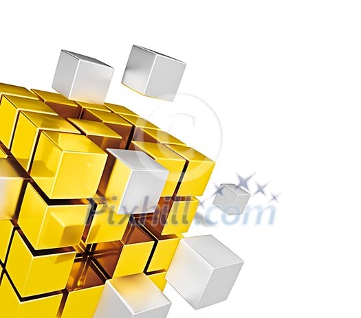 Teamwork concept - metal cubes assembling into gold one Teamwork concept - metal cubes assembling into gold one