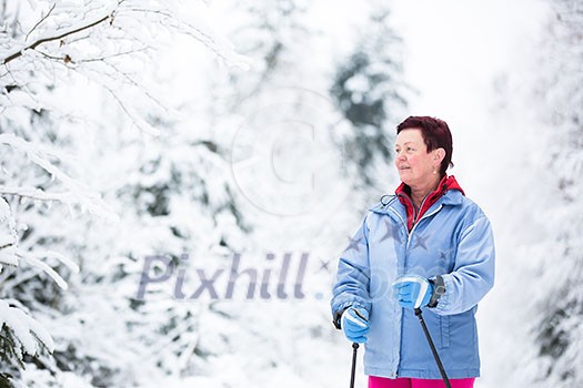 Cross-country skiing: two women cross-country skiing on a winter day (motion blurred image) Cross-country skiing: two women cross-country skiing on a winter day (motion blurred image)