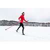 Cross-country skiing: young woman cross-country skiing on a  winter day (motion blurred image)