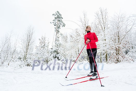 Cross-country skiing: young woman cross-country skiing on a winter day, taking a break to apreciate the snowy forest environment (color toned image) Cross-country skiing: young woman cross-country skiing on a winter day, taking a break to apreciate the snowy forest environment (color toned image)