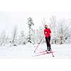 Cross-country skiing: young woman cross-country skiing on a winter day, taking a break to apreciate the snowy forest environment (color toned image)