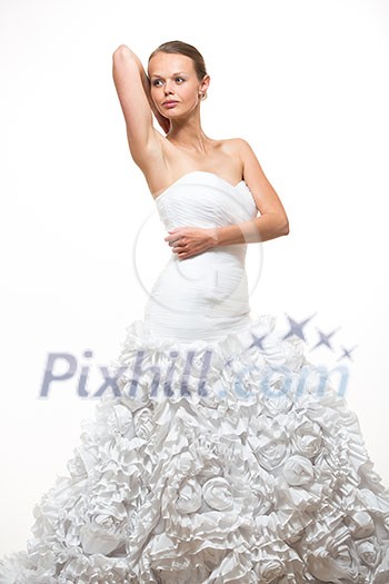 Gorgeous bride in her wedding dress on white background Gorgeous bride in her wedding dress on white background