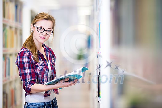 Pretty, female college student in a library, looking for a book (shallow DOF; color toned image) Pretty, female college student in a library, looking for a book (shallow DOF; color toned image)