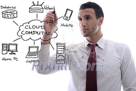 business man draw cloud computing chart on glass isolated over white background in studio business man draw cloud computing chart on glass isolated over white background in studio