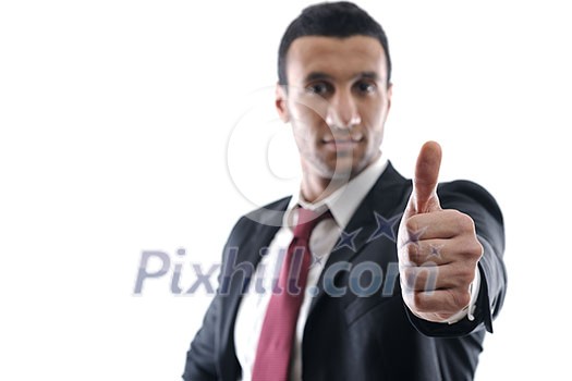 Businessmen making his thumb up saying OK sign symbol isolated on white background in studio Businessmen making his thumb up saying OK sign symbol isolated on white background in studio