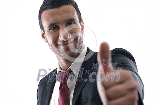 Businessmen making his thumb up saying OK sign symbol isolated on white background in studio Businessmen making his thumb up saying OK sign symbol isolated on white background in studio