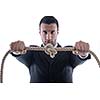 Business man pulling and bond tied with rope  concept  isolated on white background in studio