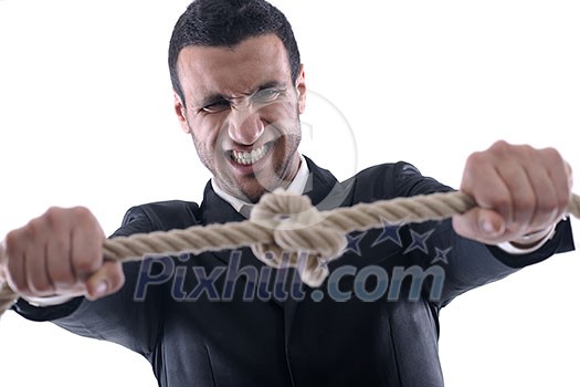 Business man pulling and bond tied with rope concept isolated on white background in studio Business man pulling and bond tied with rope concept isolated on white background in studio