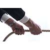 Business man pulling and bond tied with rope  concept  isolated on white background in studio