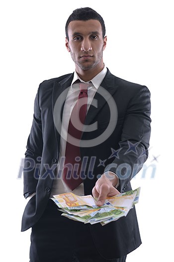 Portrait of a business man holding and catch falling money bills, isolated on white background in studio Portrait of a business man holding and catch falling money bills, isolated on white background in studio