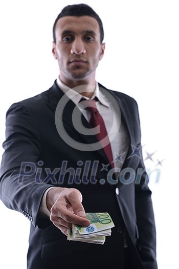 Portrait of a business man holding and catch falling money bills, isolated on white background in studio Portrait of a business man holding and catch falling money bills, isolated on white background in studio